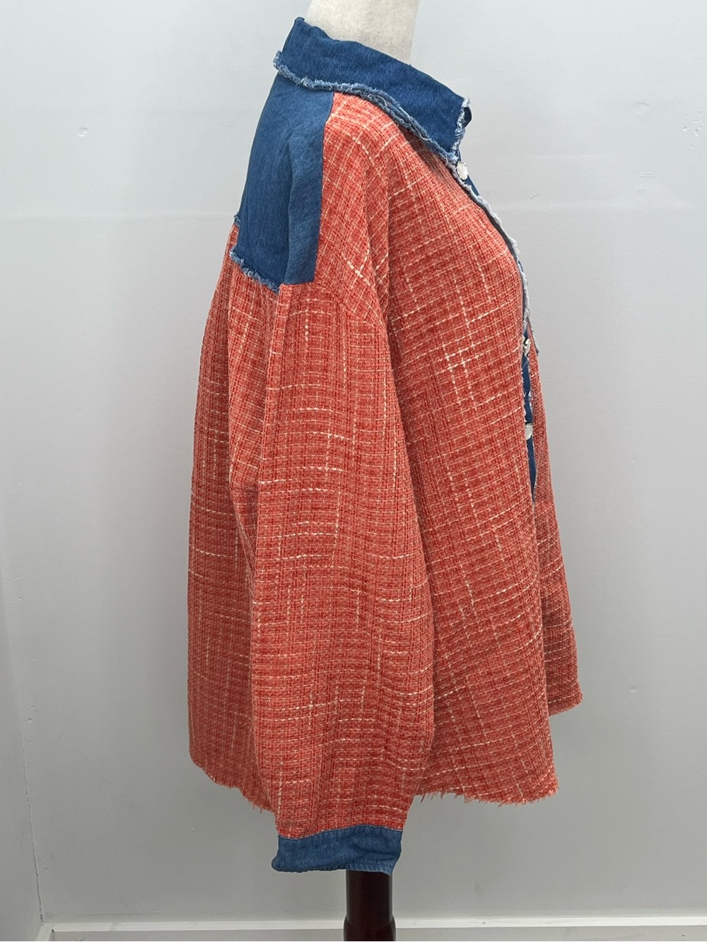 Umgee Rust Orange Denim Raw Edge Distressed Womens Shacket Shirt Medium - Picture 6 of 8